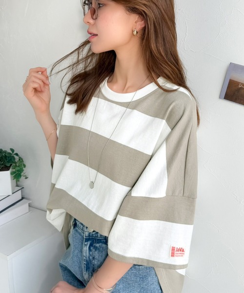 Java（ジャバ）の「《JaVa ジャバコラボ》綿100％、ワイドボーダーbigシルエットトップス(オーバーサイズ)（Tシャツ/カットソー・レディース・ブラック/ブラウン/グリーン系その他/グレイッシュベージュ・SMALL/MEDIUM/LARGE/X-LARGE）」の17枚目の写真