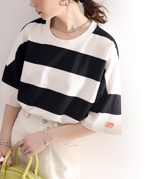 Java（ジャバ）の「《JaVa ジャバコラボ》綿100％、ワイドボーダーbigシルエットトップス（Tシャツ/カットソー・レディース・ブラック/ブラウン/グリーン系その他/グレイッシュベージュ・SMALL/MEDIUM/LARGE/X-LARGE）」の6枚目の写真