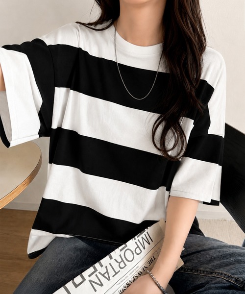 Java（ジャバ）の「《JaVa ジャバコラボ》綿100％、ワイドボーダーbigシルエットトップス(オーバーサイズ)（Tシャツ/カットソー・レディース・ブラック/ブラウン/グリーン系その他/グレイッシュベージュ・SMALL/MEDIUM/LARGE/X-LARGE）」の21枚目の写真