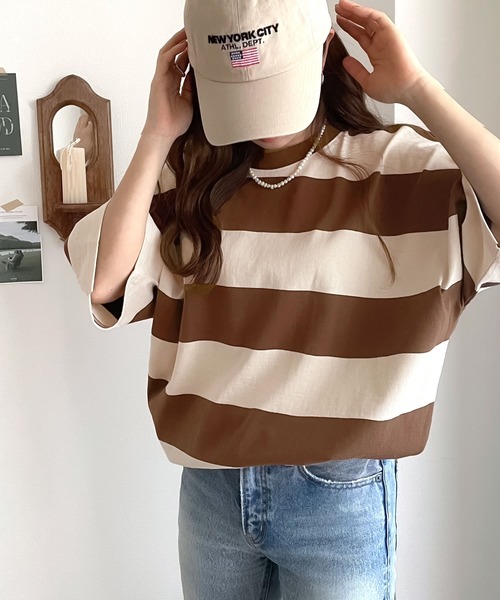 Java（ジャバ）の「《JaVa ジャバコラボ》綿100％、ワイドボーダーbigシルエットトップス（Tシャツ/カットソー・レディース・ブラック/ブラウン/グリーン系その他/グレイッシュベージュ・SMALL/MEDIUM/LARGE/X-LARGE）」の22枚目の写真