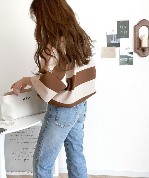 Java（ジャバ）の「《JaVa ジャバコラボ》綿100％、ワイドボーダーbigシルエットトップス（Tシャツ/カットソー・レディース・ブラック/ブラウン/グリーン系その他/グレイッシュベージュ・SMALL/MEDIUM/LARGE/X-LARGE）」の7枚目の写真