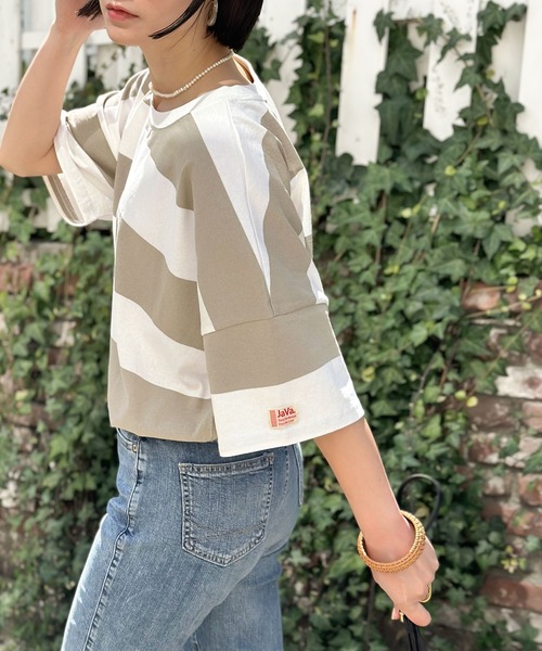 Java（ジャバ）の「《JaVa ジャバコラボ》綿100％、ワイドボーダーbigシルエットトップス（Tシャツ/カットソー・レディース・ブラック/ブラウン/グリーン系その他/グレイッシュベージュ・SMALL/MEDIUM/LARGE/X-LARGE）」の10枚目の写真