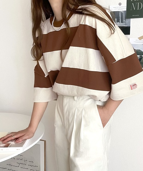 Java（ジャバ）の「《JaVa ジャバコラボ》綿100％、ワイドボーダーbigシルエットトップス（Tシャツ/カットソー・レディース・ブラック/ブラウン/グリーン系その他/グレイッシュベージュ・SMALL/MEDIUM/LARGE/X-LARGE）」の17枚目の写真