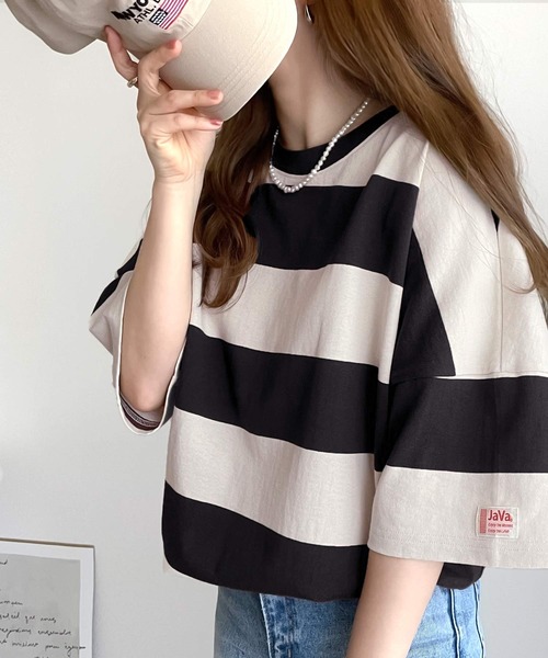 Java（ジャバ）の「《JaVa ジャバコラボ》綿100％、ワイドボーダーbigシルエットトップス（Tシャツ/カットソー・レディース・ブラック/ブラウン/グリーン系その他/グレイッシュベージュ・SMALL/MEDIUM/LARGE/X-LARGE）」の19枚目の写真