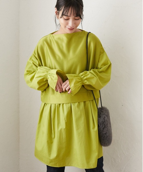 Green Parks(グリーンパークス)の「キャンディスリーブドッキングチュニック*(Tシャツ/カットソー・レディース・グリーン/オレンジ/ブラック・FREE)」の1枚目の写真