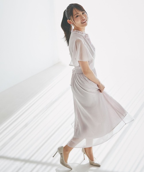 ネイビー りぼん付きプチフリルネック楊柳 シフォンワンピース トッコ