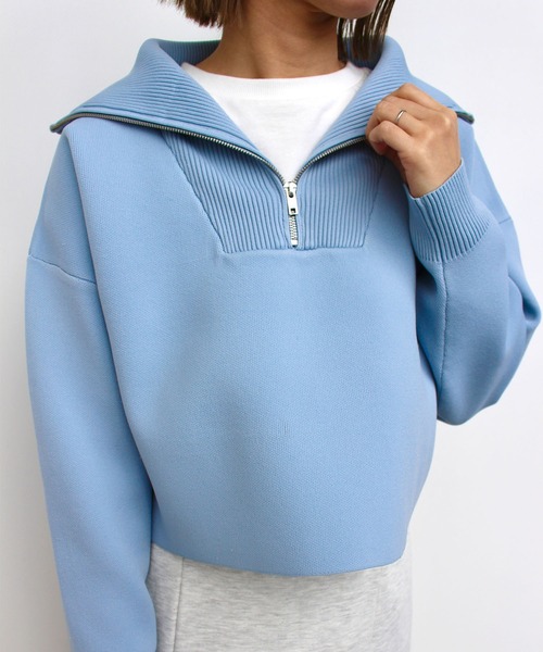 MLI'A(エムリア)の「ハーフZIPショート丈プルオーバー(ニット/セーター・レディース・ブラック/ピンク/アイボリー/サックスブルー系1/グリーン・M)」の4枚目の写真