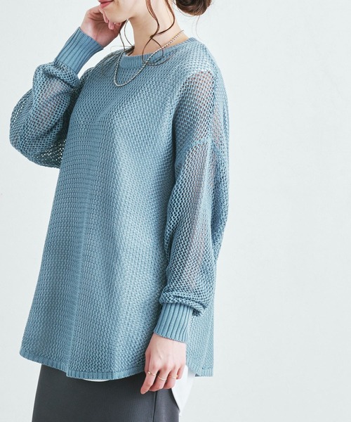 Fizz(フィズ)の「【Fizz/フィズ】 メッシュ編みニット長袖プルオーバー(ニット/セーター・レディース・ブルー/チャコール/グレイッシュベージュ/ブラック・L/M)」の1枚目の写真