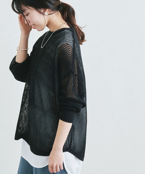 Fizz(フィズ)の「【Fizz/フィズ】 メッシュ編みニット長袖プルオーバー(ニット/セーター・レディース・ブルー/チャコール/グレイッシュベージュ/ブラック・L/M)」の3枚目の写真