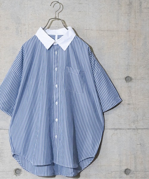 JOHN'S CLOSET(ジョンズクローゼット)の「【i】ブロードストライプ ルーズフィット半袖シャツ(シャツ/ブラウス・メンズ・ブラック/ネイビー/グレー/グリーン・MEDIUM/LARGE/X-LARGE)」の4枚目の写真