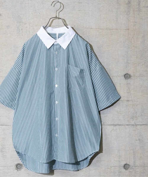 JOHN'S CLOSET(ジョンズクローゼット)の「【i】ブロードストライプ ルーズフィット半袖シャツ(シャツ/ブラウス・メンズ・ブラック/ネイビー/グレー/グリーン・MEDIUM/LARGE/X-LARGE)」の3枚目の写真