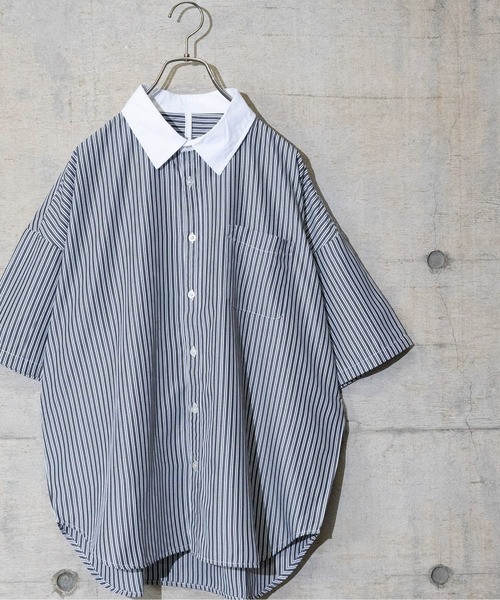 JOHN'S CLOSET(ジョンズクローゼット)の「【i】ブロードストライプ ルーズフィット半袖シャツ(シャツ/ブラウス・メンズ・ブラック/ネイビー/グレー/グリーン・MEDIUM/LARGE/X-LARGE)」の2枚目の写真