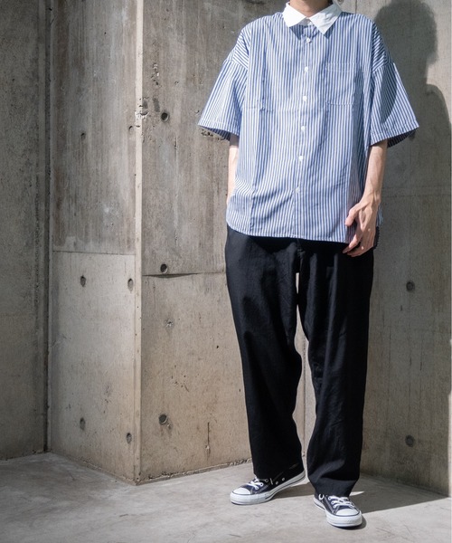 JOHN'S CLOSET(ジョンズクローゼット)の「【i】ブロードストライプ ルーズフィット半袖シャツ(シャツ/ブラウス・メンズ・ブラック/ネイビー/グレー/グリーン・MEDIUM/LARGE/X-LARGE)」の5枚目の写真