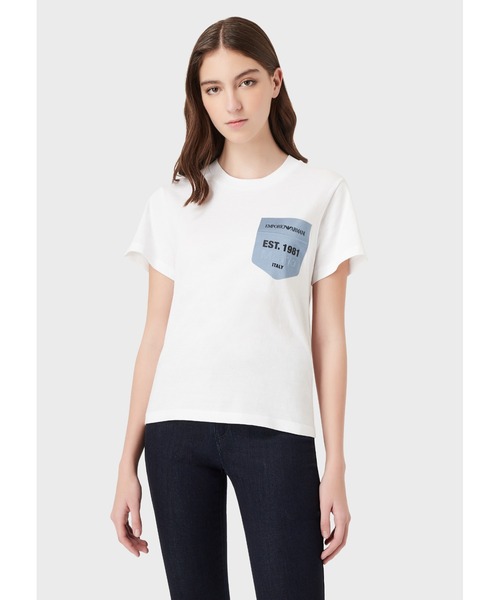 EMPORIO ARMANI(エンポリオアルマーニ)の「【エンポリオ アルマーニ】Tシャツ ジャージー製 エンボスエンブレムパッチ(Tシャツ/カットソー・レディース・ホワイト系その他/ブルー系・X-SMALL/SMALL)」の7枚目の写真