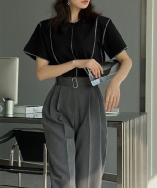 MANGROVE（マングローブ）の「アウトステッチデザインTEE（Tシャツ/カットソー・レディース・ライトグレー/ブラック・FREE）」の12枚目の写真