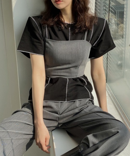 MANGROVE（マングローブ）の「アウトステッチデザインTEE（Tシャツ/カットソー・レディース・ライトグレー/ブラック・FREE）」の13枚目の写真