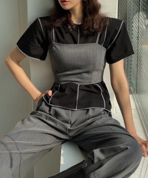 MANGROVE（マングローブ）の「アウトステッチデザインTEE（Tシャツ/カットソー・レディース・ライトグレー/ブラック・FREE）」の6枚目の写真