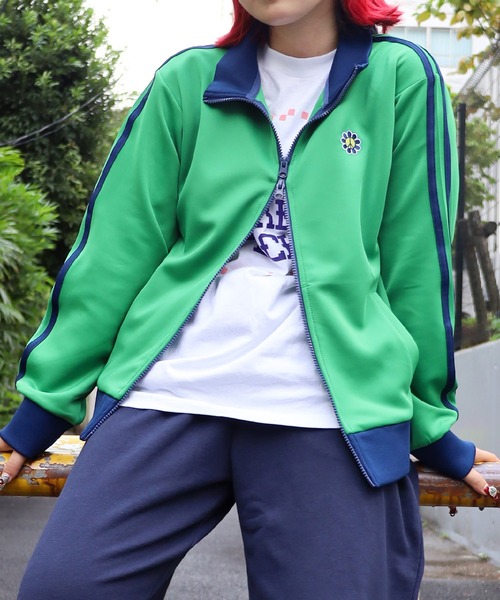 【美品】GANNI グリーンラインジャージ　トラックジャケット　裏起毛　34 SPINNS（スピンズ）の「デイジーワンポイント刺繍 ライン