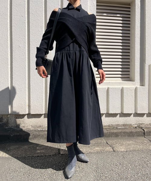 Jewelobe（ジュエローブ）の「クロスカシュクールニット＆ウィングカラーアメスリワンピースセット（ワンピース・レディース・ブラック/アイボリー/杢グレー・FREE）」の7枚目の写真