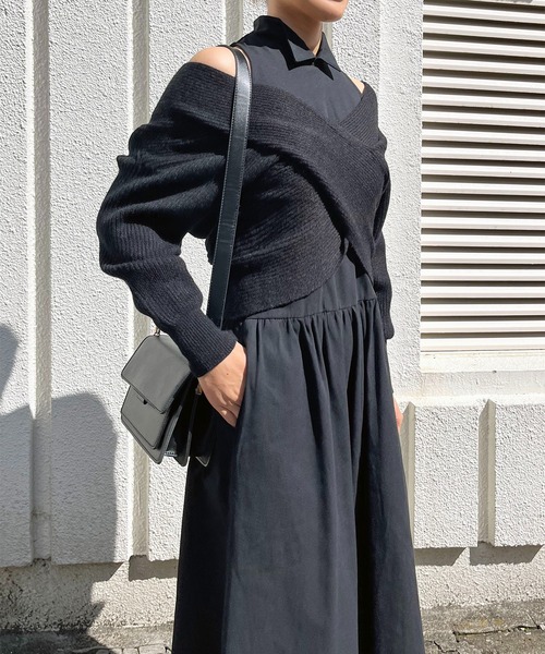 Jewelobe（ジュエローブ）の「クロスカシュクールニット＆ウィングカラーアメスリワンピースセット（ワンピース・レディース・ブラック/アイボリー/杢グレー・FREE）」の5枚目の写真