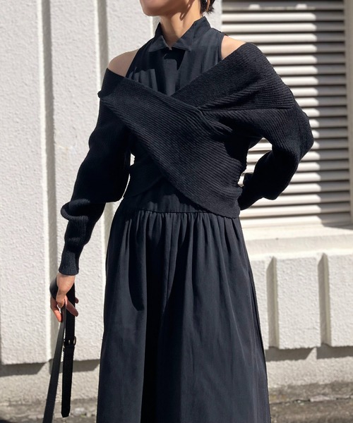 Jewelobe（ジュエローブ）の「クロスカシュクールニット＆ウィングカラーアメスリワンピースセット（ワンピース・レディース・ブラック/アイボリー/杢グレー・FREE）」の6枚目の写真