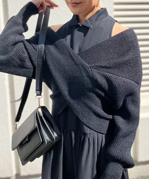 Jewelobe（ジュエローブ）の「クロスカシュクールニット＆ウィングカラーアメスリワンピースセット（ワンピース・レディース・ブラック/アイボリー/杢グレー・FREE）」の8枚目の写真