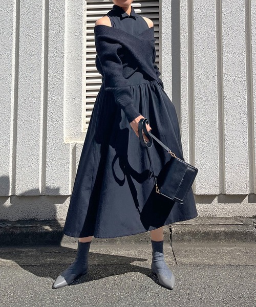 Jewelobe（ジュエローブ）の「クロスカシュクールニット＆ウィングカラーアメスリワンピースセット（ワンピース・レディース・ブラック/アイボリー/杢グレー・FREE）」の14枚目の写真