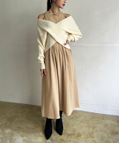 Jewelobe（ジュエローブ）の「クロスカシュクールニット＆ウィングカラーアメスリワンピースセット（ワンピース・レディース・ブラック/アイボリー/杢グレー・FREE）」の16枚目の写真