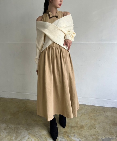 Jewelobe（ジュエローブ）の「クロスカシュクールニット＆ウィングカラーアメスリワンピースセット（ワンピース・レディース・ブラック/アイボリー/杢グレー・FREE）」の17枚目の写真