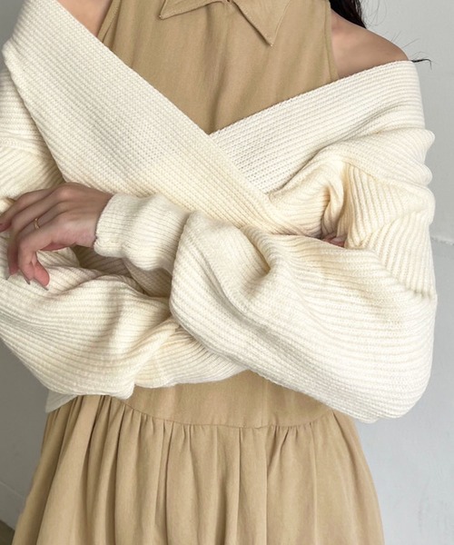 Jewelobe（ジュエローブ）の「クロスカシュクールニット＆ウィングカラーアメスリワンピースセット（ワンピース・レディース・ブラック/アイボリー/杢グレー・FREE）」の21枚目の写真