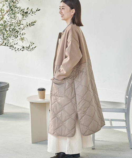 セール】キルティングフェイクメルトン切替ロングコート（その他