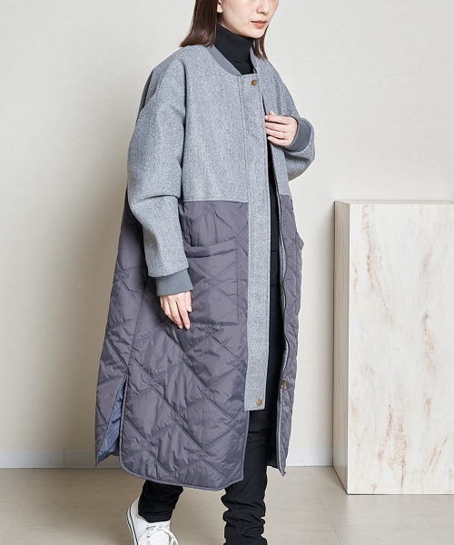 セール】キルティングフェイクメルトン切替ロングコート（その他
