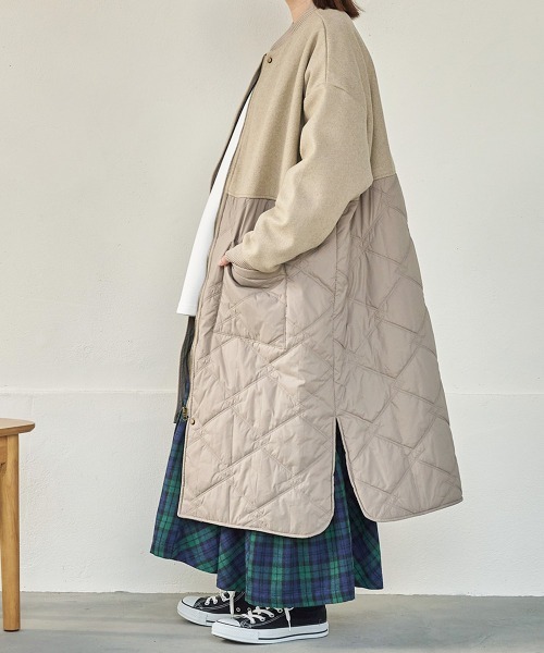 セール】キルティングフェイクメルトン切替ロングコート（その他