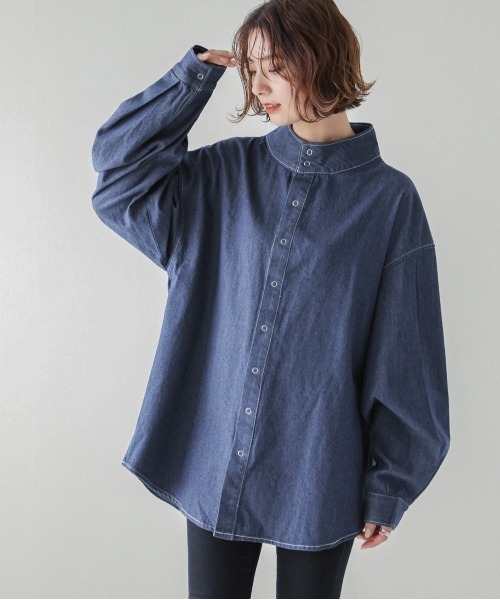 SUGAR BISKET(シュガービスケット)の「スタンドカラーデニムビッグシャツ(シャツ/ブラウス・レディース・ブルー/ブラック・C/フリー)」の9枚目の写真