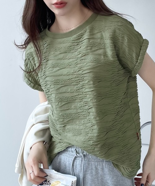 Java(ジャバ)の「《JaVaジャバ コラボ》これ1枚でサマになる!上品見えふくれジャガードフレンチトップス(Tシャツ/カットソー・レディース・カーキ/モカ/アイボリー/ブラック・X-LARGE/SMALL/MEDIUM/LARGE)」の4枚目の写真