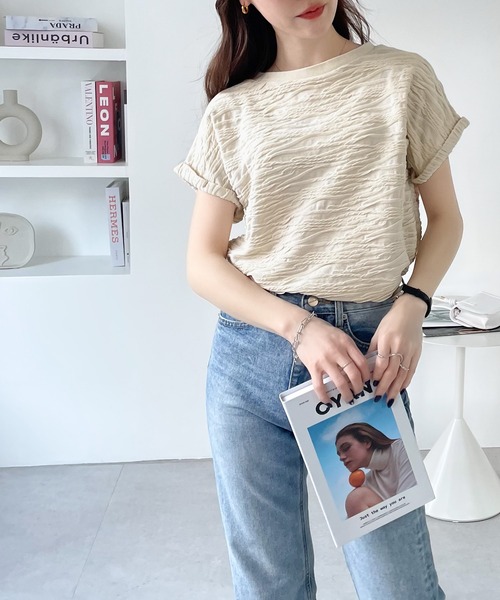Java(ジャバ)の「《JaVaジャバ コラボ》これ1枚でサマになる!上品見えふくれジャガードフレンチトップス(Tシャツ/カットソー・レディース・カーキ/モカ/アイボリー/ブラック・X-LARGE/SMALL/MEDIUM/LARGE)」の15枚目の写真