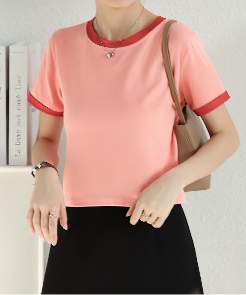 MAISON DE THERESE(メゾン ド テレーズ)の「バイカラーグルシャツーネックニットTシャツ(Tシャツ/カットソー・レディース・ピンク/ホワイト/ブルー/グレー/ブラック・M)」の1枚目の写真