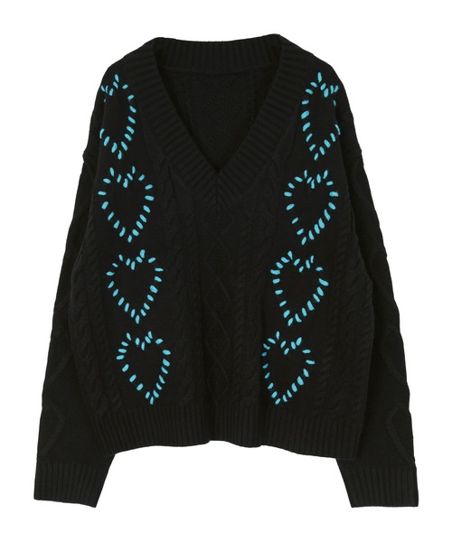 配色ステッチハートケーブルVネックニット（ニット/セーター）｜miette