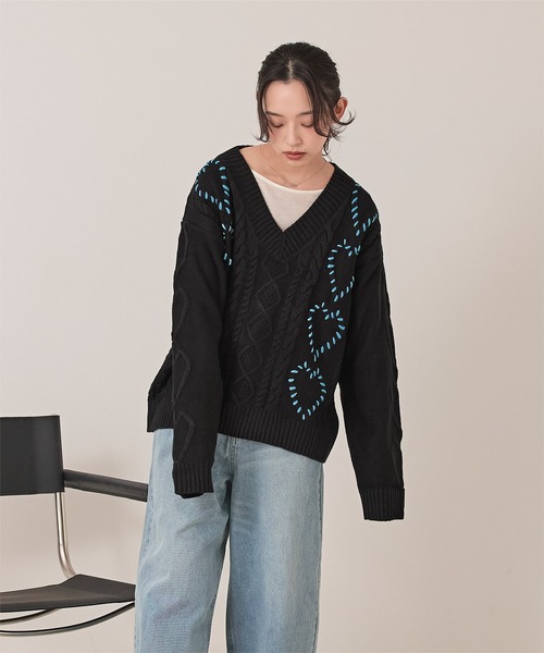 Heather ステッチラインVネックニット+ シンプルショートシャツ2点セット ZIP FIVE -White Line- セーター ニット 「White Line」 杢 Vネック