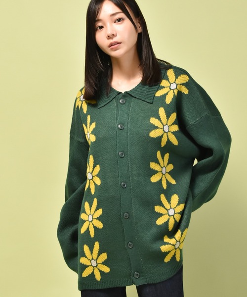 オーバーサイズ ボリューム袖 デイジー柄 襟付きカーディガン/レディース メンズ（カーディガン/ボレロ）｜Starting Over（スターティングオーバー）
