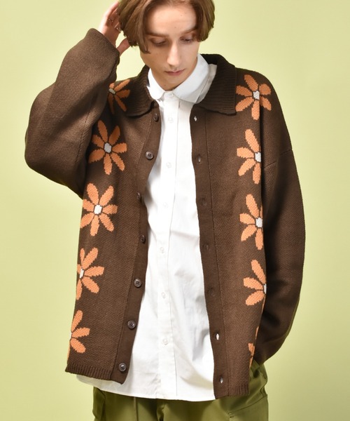 オーバーサイズ ボリューム袖 デイジー柄 襟付きカーディガン/レディース メンズ（カーディガン/ボレロ）｜Starting Over（スターティングオーバー）
