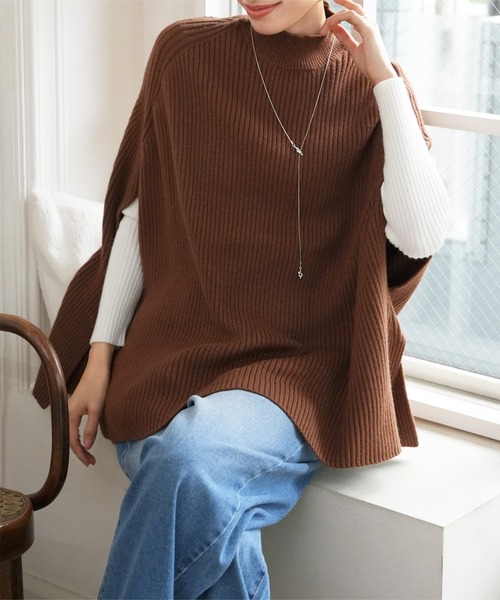 ニット風オープンフロントップス ポンチョ ニット セーター セーターレディース ポンチョ プルオーバー 体型