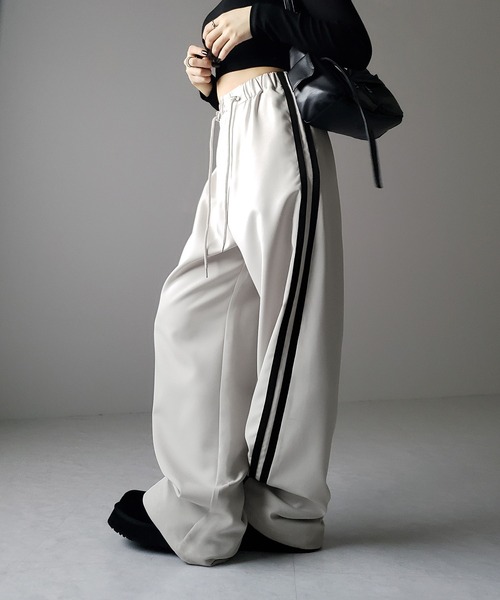 ワイドレッグパンツ S〜XL ドロスト 3color 3size／3color 】2WAYドロストサイドラインルーズトラック