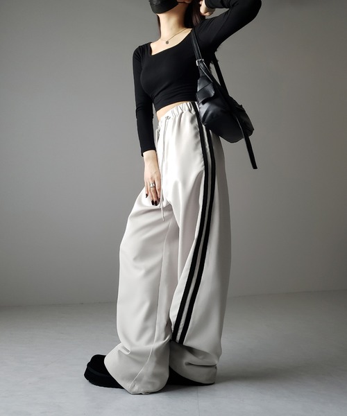 ワイドレッグパンツ S~3XL ライン ドロスト ストリート 2color me+em select カーゴパンツ 「 3size／3color 」2WAYドロスト