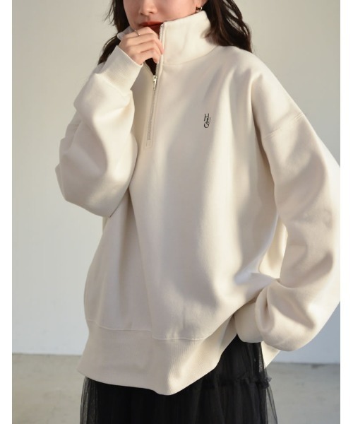 Re:EDIT（リエディ）の「選べる裏起毛オーバーサイズハーフジップスウェット（スウェット・レディース・オートミール/ブラック系/ホワイト系/チャコールグレー/ホワイト系その他/グレー系その他/ホワイト・MEDIUM/LARGE）」の2枚目の写真