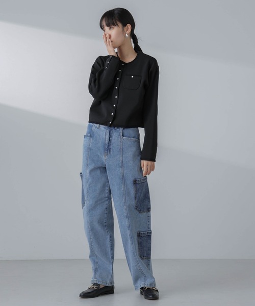 NANO universe（ナノユニバース）の「パールドットボタンニットジャケット(セットアップ可）（ノーカラージャケット・レディース・ブラック/ライム/オフホワイト・M/S）」の12枚目の写真