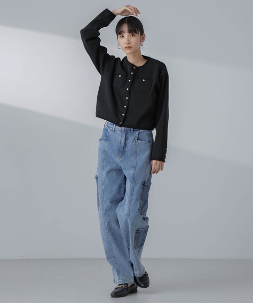 NANO universe（ナノユニバース）の「パールドットボタンニットジャケット(セットアップ可）（ノーカラージャケット・レディース・ブラック/ライム/オフホワイト・M/S）」の13枚目の写真