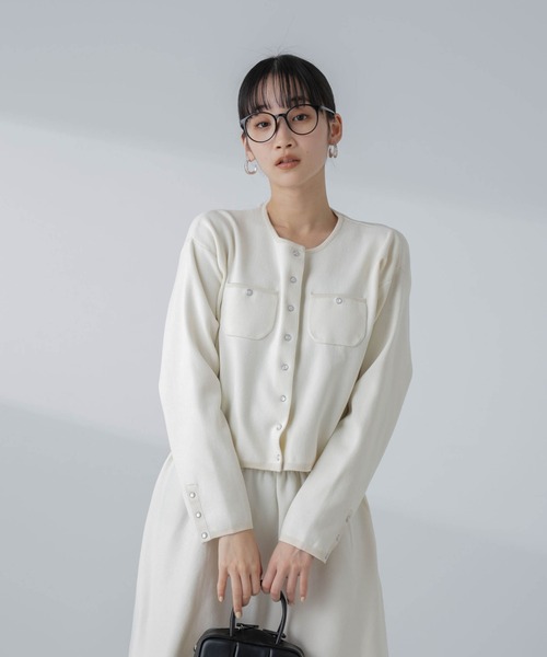 NANO universe（ナノユニバース）の「パールドットボタンニットジャケット(セットアップ可）（ノーカラージャケット・レディース・ブラック/ライム/オフホワイト・M/S）」の15枚目の写真