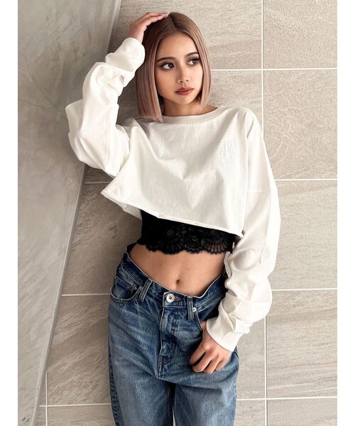 GYDA（ジェイダ）の「Square gydaショートロンT（Tシャツ/カットソー・レディース・オフホワイト/ブラック/ベージュ・FREE）」の5枚目の写真