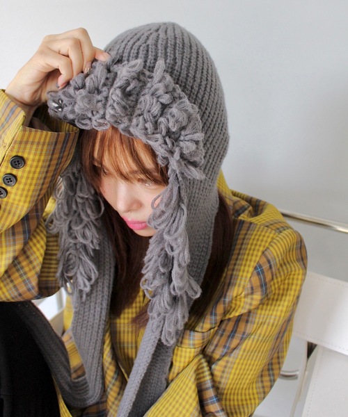 SANSeLF（サンセルフ）の「バラクラバニットフード【SANSeLF】sana24a001（ニットキャップ/ビーニー・レディース・グレー/ホワイト・FREE）」の2枚目の写真